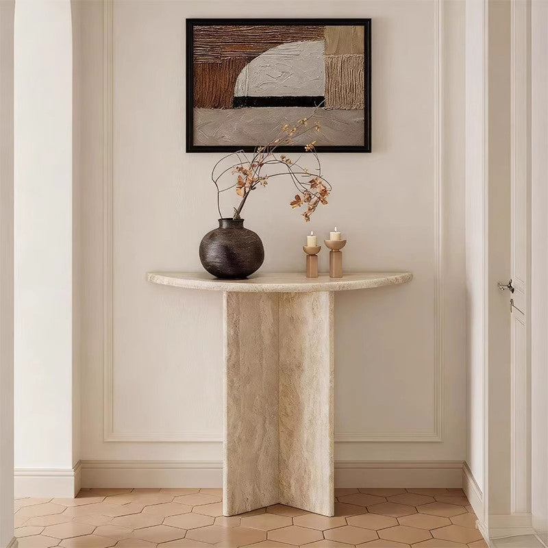 Modern Minimalist Natural Travertine Half Moon Console Table Against The Wall Space-saving For Living Room Entryway