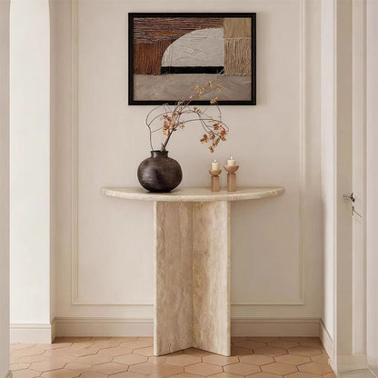 Modern Minimalist Natural Travertine Half Moon Console Table Against The Wall Space-saving For Living Room Entryway