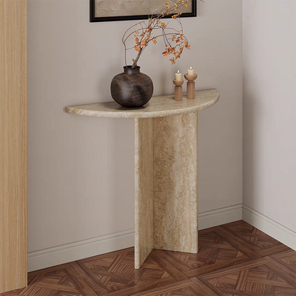Modern Minimalist Natural Travertine Half Moon Console Table Against The Wall Space-saving For Living Room Entryway