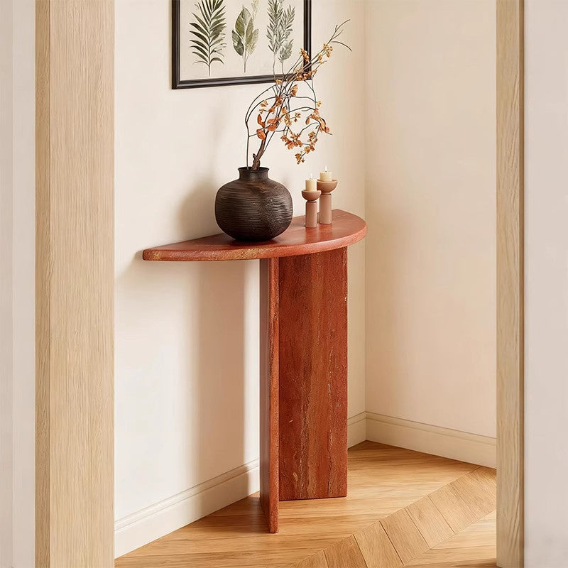 Modern Minimalist Natural Travertine Half Moon Console Table Against The Wall Space-saving For Living Room Entryway