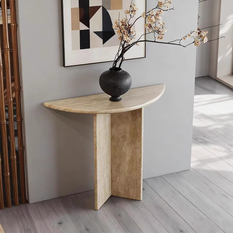 Modern Minimalist Natural Travertine Half Moon Console Table Against The Wall Space-saving For Living Room Entryway