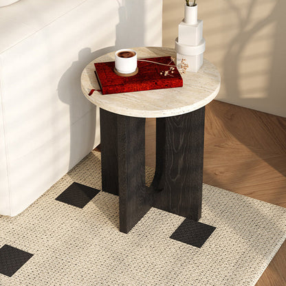 Contemporary Nordic Natural Travertine Pine Wood Round Side Table For Living Room