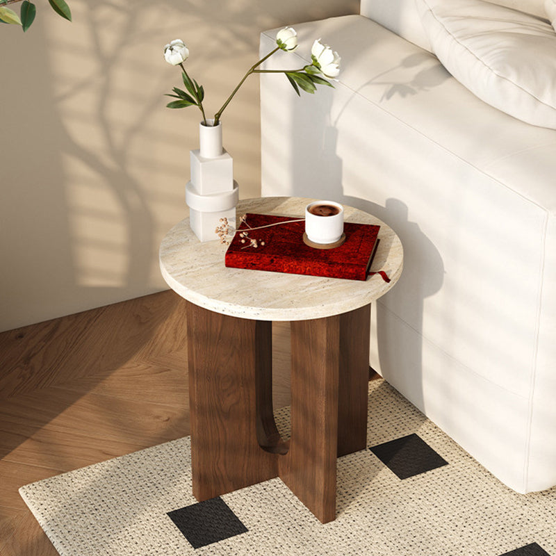 Contemporary Nordic Natural Travertine Pine Wood Round Side Table For Living Room
