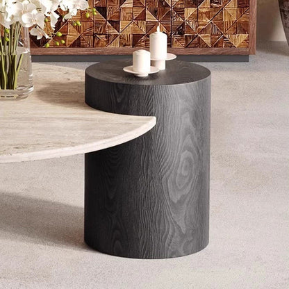 Modern Minimalist Natural Travertine & Solid Wood Round Coffee Table With Dual-Level Top For Living Room
