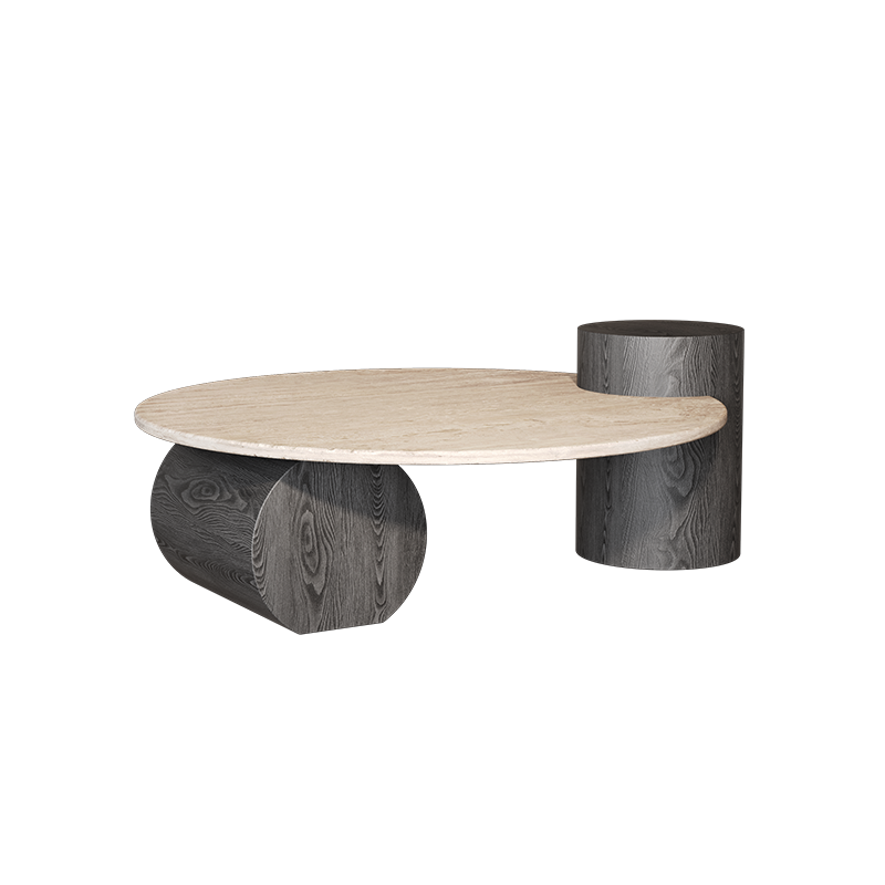 Modern Minimalist Natural Travertine & Solid Wood Round Coffee Table With Dual-Level Top For Living Room