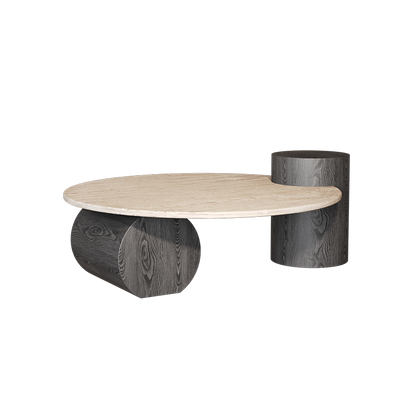Modern Minimalist Natural Travertine & Solid Wood Round Coffee Table With Dual-Level Top For Living Room