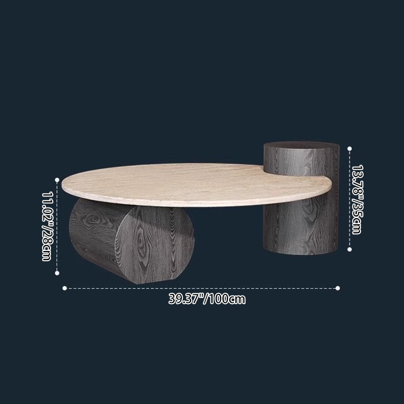 Modern Minimalist Natural Travertine & Solid Wood Round Coffee Table With Dual-Level Top For Living Room