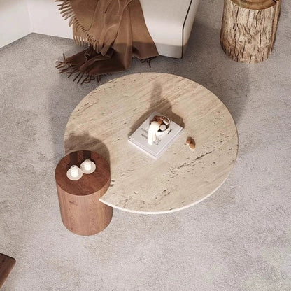 Modern Minimalist Natural Travertine & Solid Wood Round Coffee Table With Dual-Level Top For Living Room