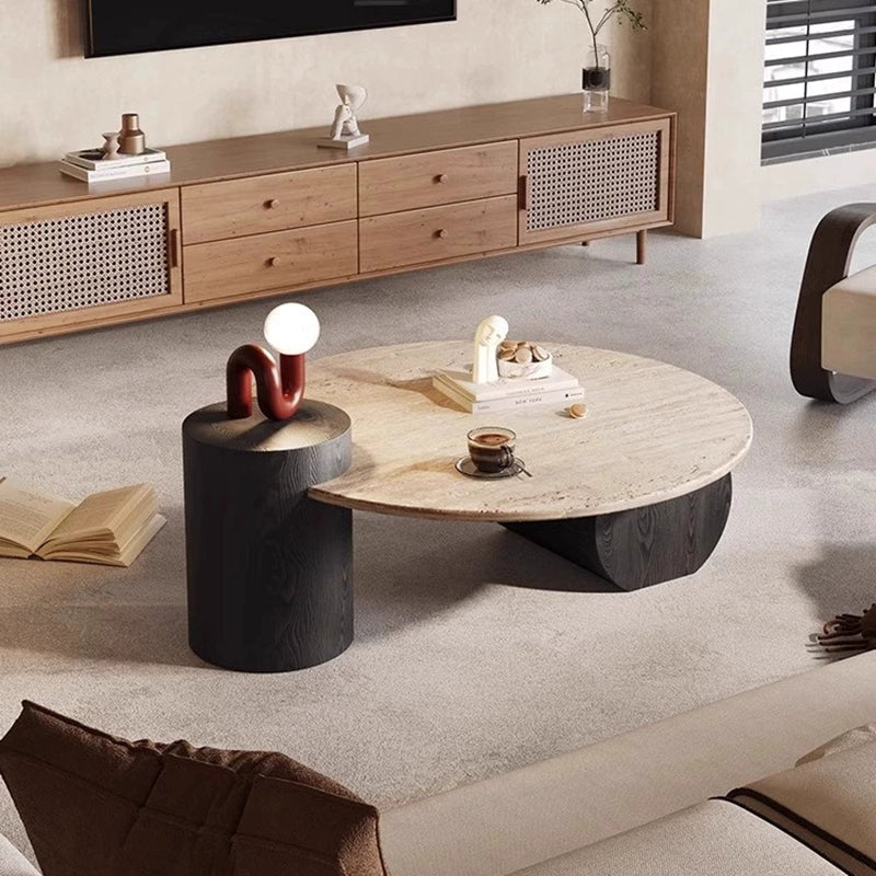 Modern Minimalist Natural Travertine & Solid Wood Round Coffee Table With Dual-Level Top For Living Room