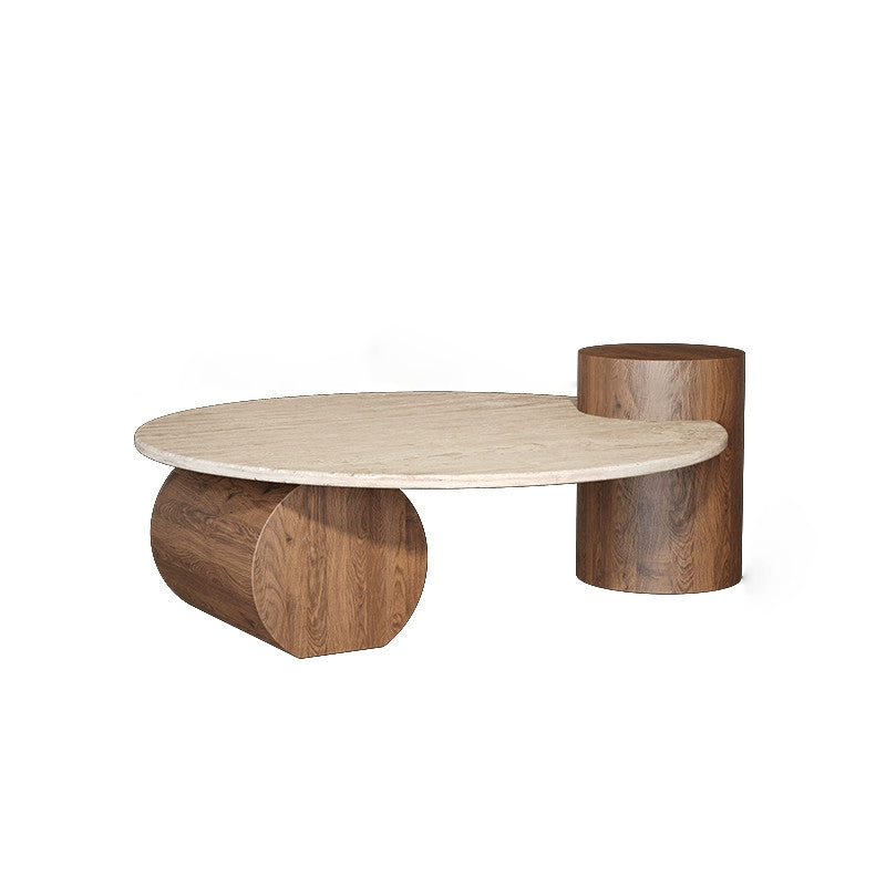 Modern Minimalist Natural Travertine & Solid Wood Round Coffee Table With Dual-Level Top For Living Room