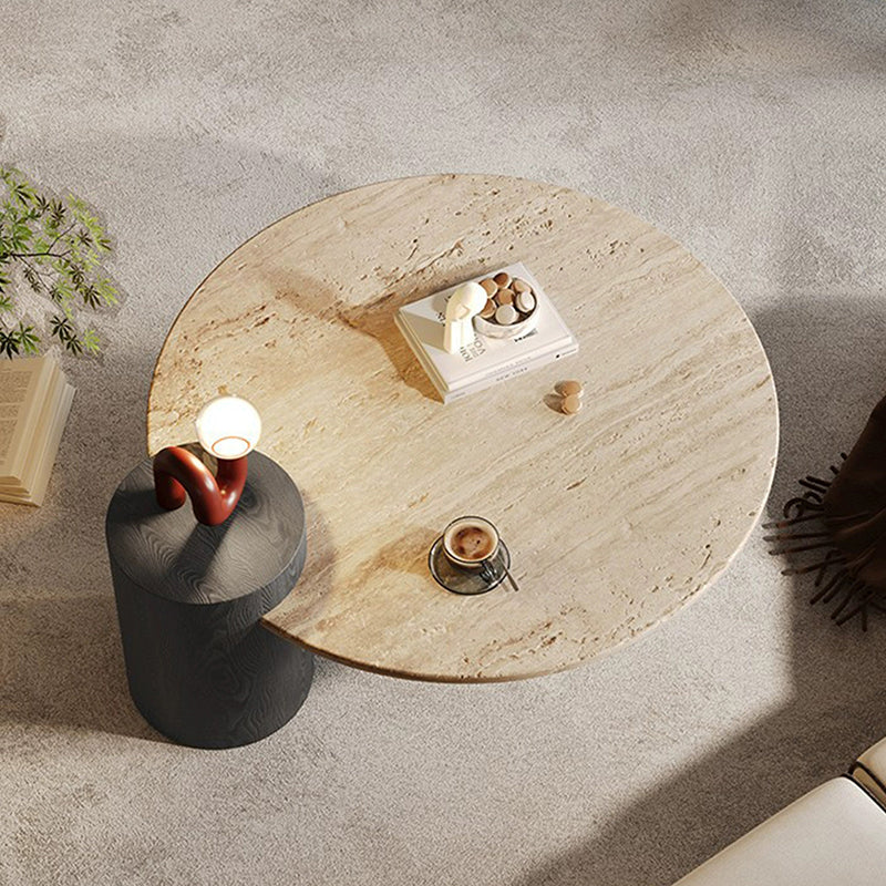 Modern Minimalist Natural Travertine & Solid Wood Round Coffee Table With Dual-Level Top For Living Room