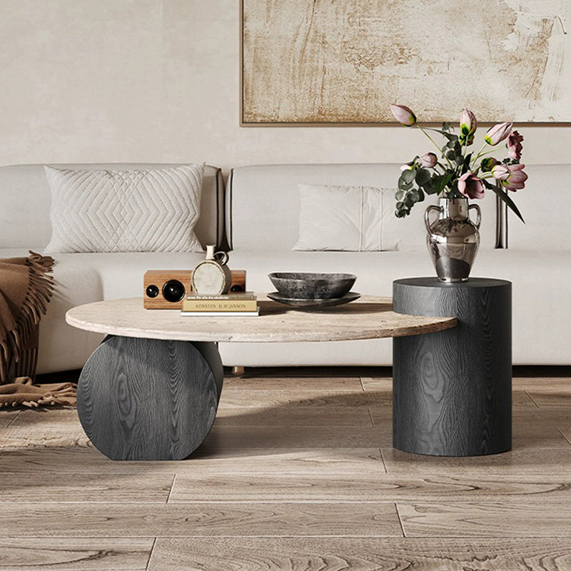 Modern Minimalist Natural Travertine & Solid Wood Round Coffee Table With Dual-Level Top For Living Room