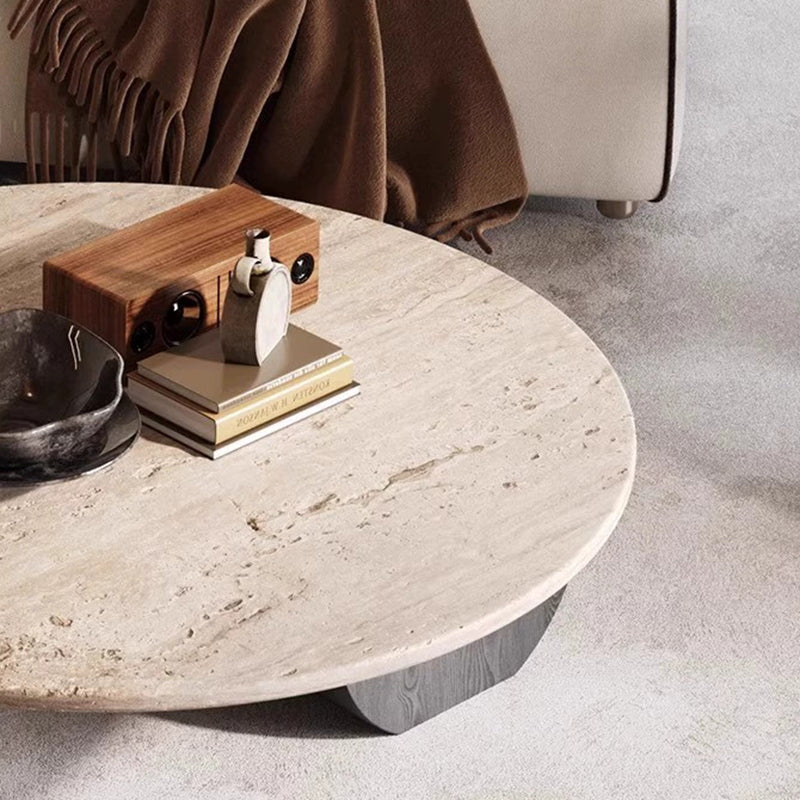 Modern Minimalist Natural Travertine & Solid Wood Round Coffee Table With Dual-Level Top For Living Room