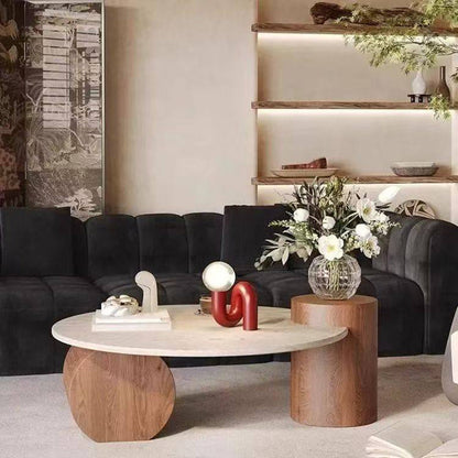 Modern Minimalist Natural Travertine & Solid Wood Round Coffee Table With Dual-Level Top For Living Room