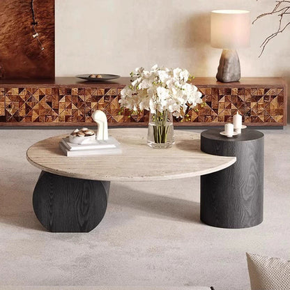 Modern Minimalist Natural Travertine & Solid Wood Round Coffee Table With Dual-Level Top For Living Room