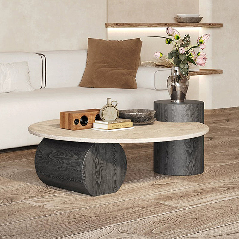 Modern Minimalist Natural Travertine & Solid Wood Round Coffee Table With Dual-Level Top For Living Room