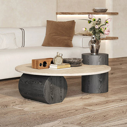 Modern Minimalist Natural Travertine & Solid Wood Round Coffee Table With Dual-Level Top For Living Room