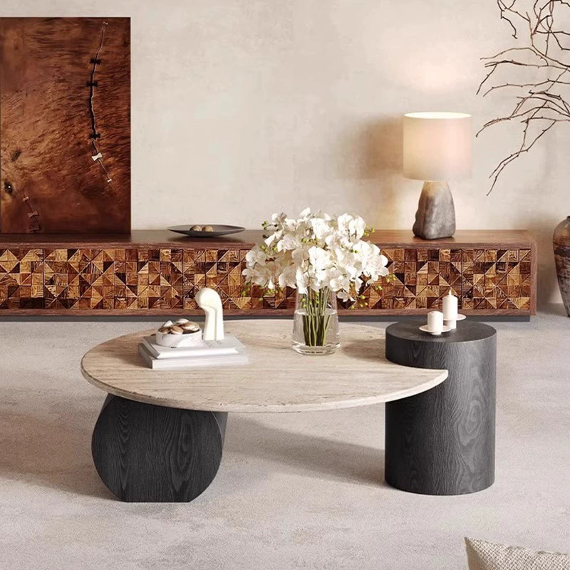 Modern Minimalist Natural Travertine & Solid Wood Round Coffee Table With Dual-Level Top For Living Room