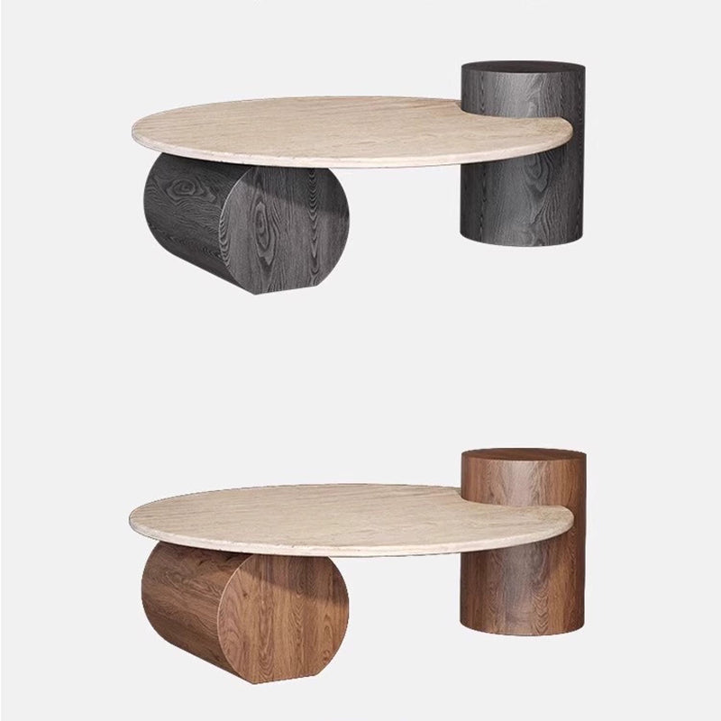 Modern Minimalist Natural Travertine & Solid Wood Round Coffee Table With Dual-Level Top For Living Room
