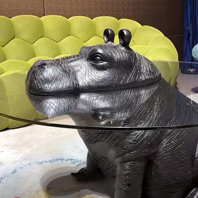 Contemporary Creative Fiberglass Tempered Glass Hippo Sculptural Coffee Table For Living Room
