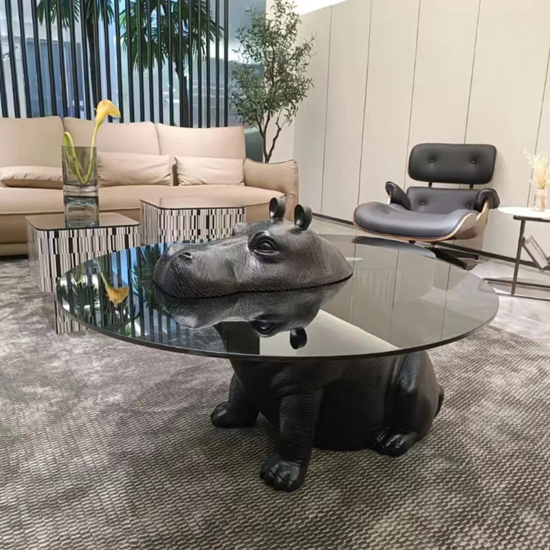 Contemporary Creative Fiberglass Tempered Glass Hippo Sculptural Coffee Table For Living Room