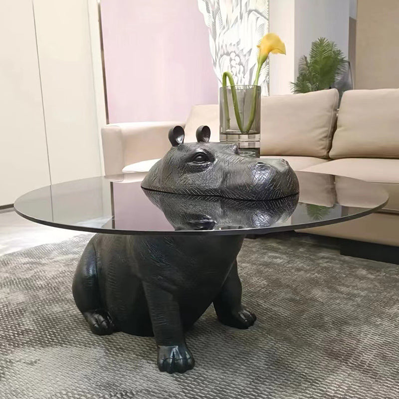 Contemporary Creative Fiberglass Tempered Glass Hippo Sculptural Coffee Table For Living Room