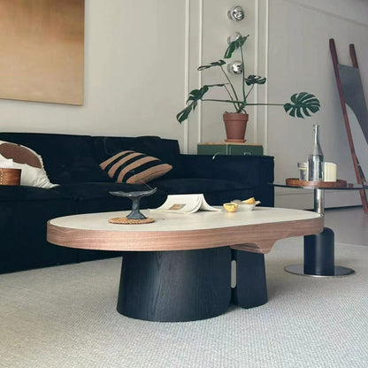 Modern Minimalist Yellow Travertine Solid Wood Plywood Stainless Steel Oval Coffee Table For Living Room