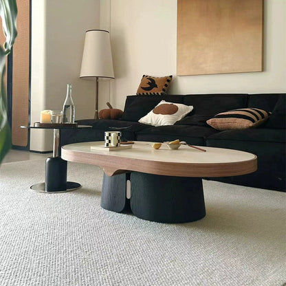 Modern Minimalist Yellow Travertine Solid Wood Plywood Stainless Steel Oval Coffee Table For Living Room