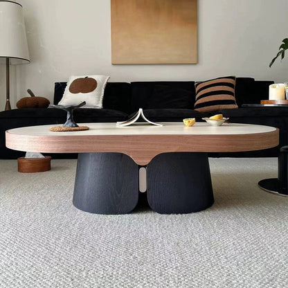 Modern Minimalist Yellow Travertine Solid Wood Plywood Stainless Steel Oval Coffee Table For Living Room