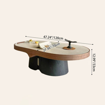 Modern Minimalist Yellow Travertine Solid Wood Plywood Stainless Steel Oval Coffee Table For Living Room