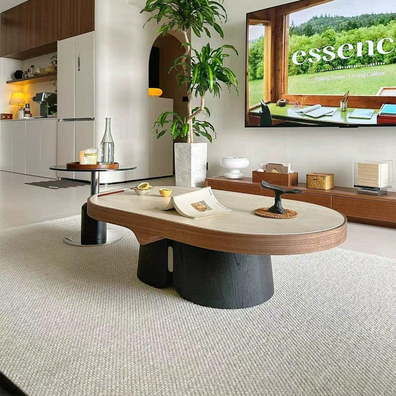 Modern Minimalist Yellow Travertine Solid Wood Plywood Stainless Steel Oval Coffee Table For Living Room