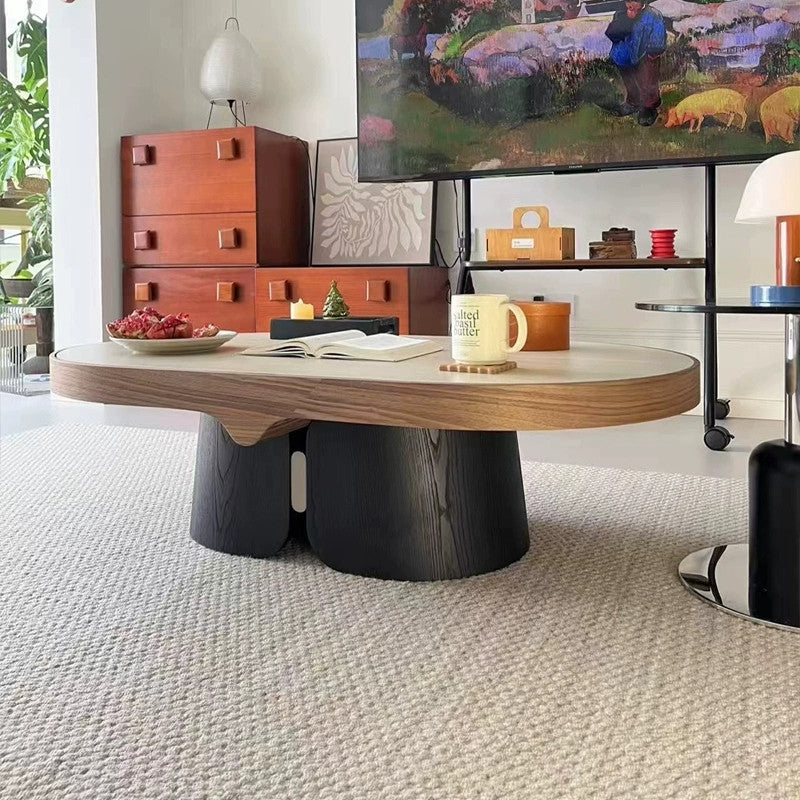 Modern Minimalist Yellow Travertine Solid Wood Plywood Stainless Steel Oval Coffee Table For Living Room