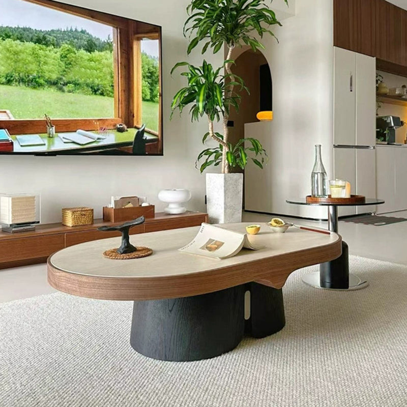 Modern Minimalist Yellow Travertine Solid Wood Plywood Stainless Steel Oval Coffee Table For Living Room