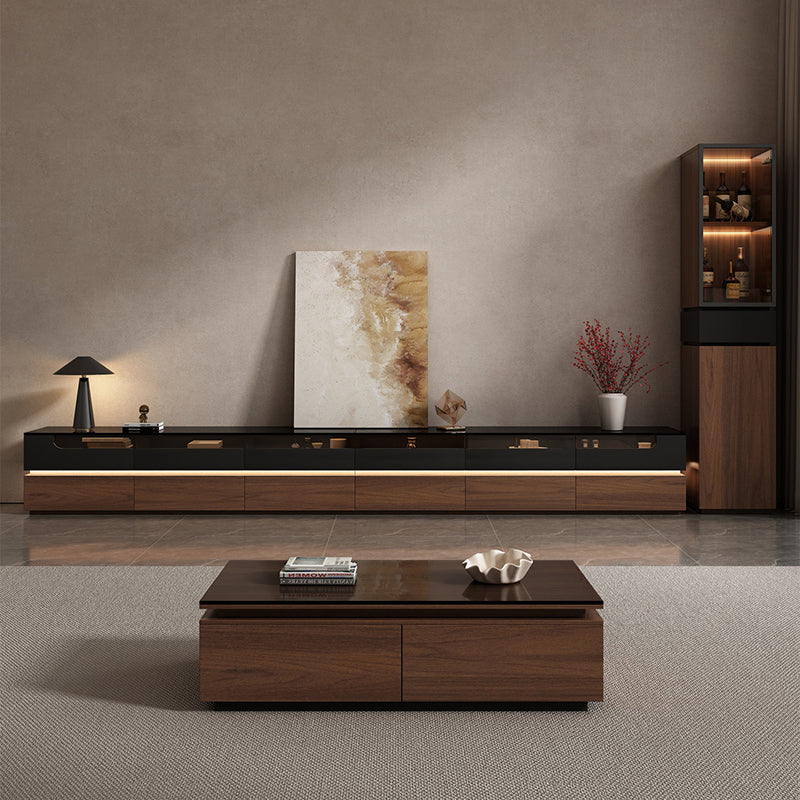Modern Luxury Solid Wood Eco-Board & Glass Rectangular Display Rack With 2 Cabinets & 1 Drawer For Living Room
