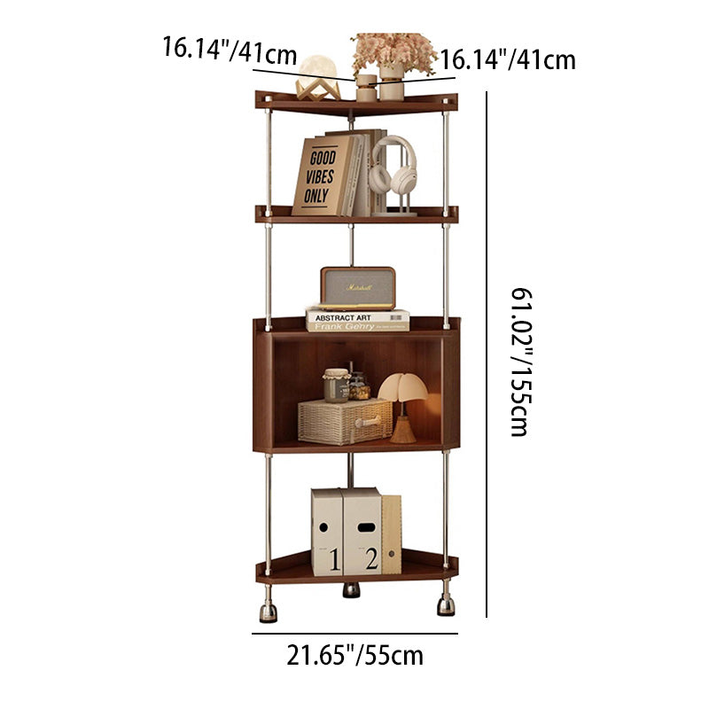 Contemporary Retro Plywood & Stainless Steel Triangular Corner Shelf Unit With 4/5-Tier Open Storage For Living Room & Bedroom