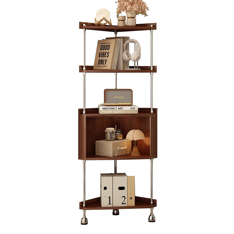 Contemporary Retro Plywood & Stainless Steel Triangular Corner Shelf Unit With 4/5-Tier Open Storage For Living Room & Bedroom