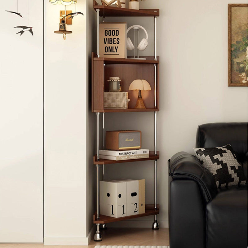 Contemporary Retro Plywood & Stainless Steel Triangular Corner Shelf Unit With 4/5-Tier Open Storage For Living Room & Bedroom