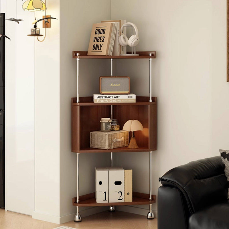 Contemporary Retro Plywood & Stainless Steel Triangular Corner Shelf Unit With 4/5-Tier Open Storage For Living Room & Bedroom