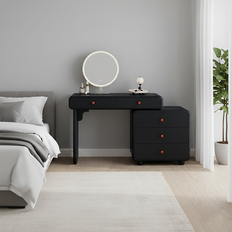 Modern Minimalist Vanity Desk With Expandable Drawer Cabinet - MDF & Solid Particle Board Makeup Vanity With 5 Drawer For Bedroom