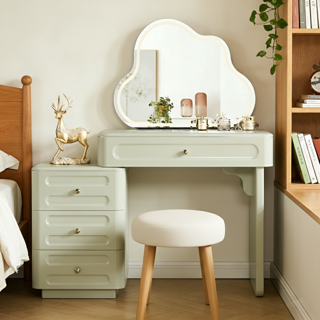 Expandable Modern Vanity Desk With 3-Drawer Cabinet - MDF & Solid Particle Board Minimalist Makeup Vanity With Storage For Bedroom