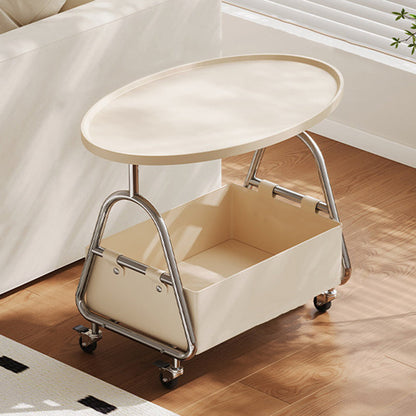 Modern Minimalist Stainless Steel & MDF PU Leather Oval Mobile Sofa Side Table 2-Tier Storage Basket For Living Room