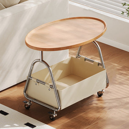 Modern Minimalist Stainless Steel & MDF PU Leather Oval Mobile Sofa Side Table 2-Tier Storage Basket For Living Room