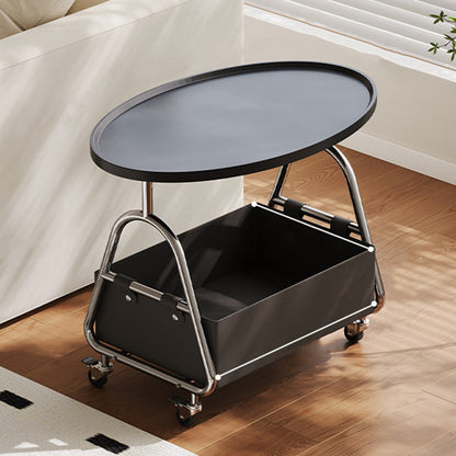 Modern Minimalist Stainless Steel & MDF PU Leather Oval Mobile Sofa Side Table 2-Tier Storage Basket For Living Room