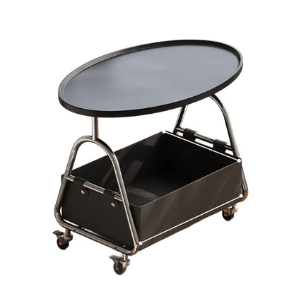 Modern Minimalist Stainless Steel & MDF PU Leather Oval Mobile Sofa Side Table 2-Tier Storage Basket For Living Room