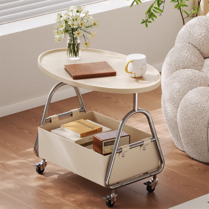 Modern Minimalist Stainless Steel & MDF PU Leather Oval Mobile Sofa Side Table 2-Tier Storage Basket For Living Room