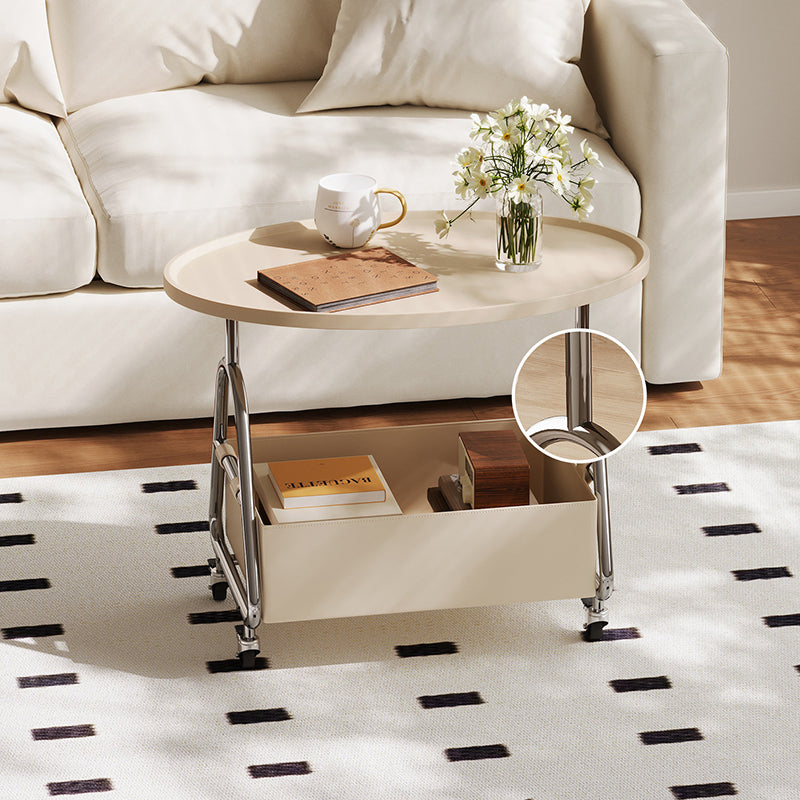 Modern Minimalist Stainless Steel & MDF PU Leather Oval Mobile Sofa Side Table 2-Tier Storage Basket For Living Room