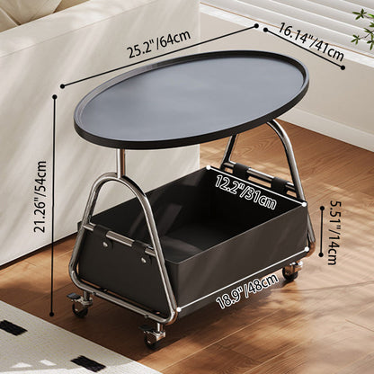Modern Minimalist Stainless Steel & MDF PU Leather Oval Mobile Sofa Side Table 2-Tier Storage Basket For Living Room