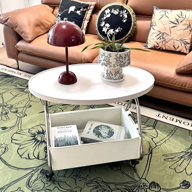 Modern Minimalist Stainless Steel & MDF PU Leather Oval Mobile Sofa Side Table 2-Tier Storage Basket For Living Room