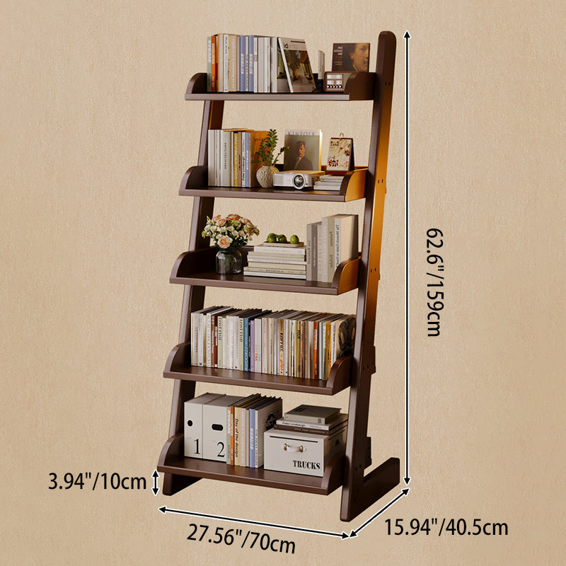 Modern Minimalist Rectangular Solid Pine Rounded Corner Ladder Storage Shelf With 5-Tier Large Capacity Wall Leaning Bookcase For Home Office