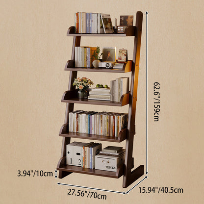 Modern Minimalist Rectangular Solid Pine Rounded Corner Ladder Storage Shelf With 5-Tier Large Capacity Wall Leaning Bookcase For Home Office